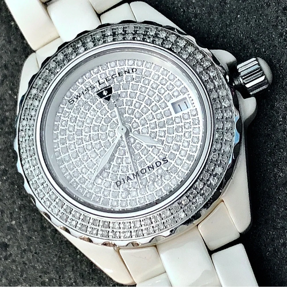 Swiss Legend Diamond Watch Diamonds Ceramic Karamica Date Large Stainles…